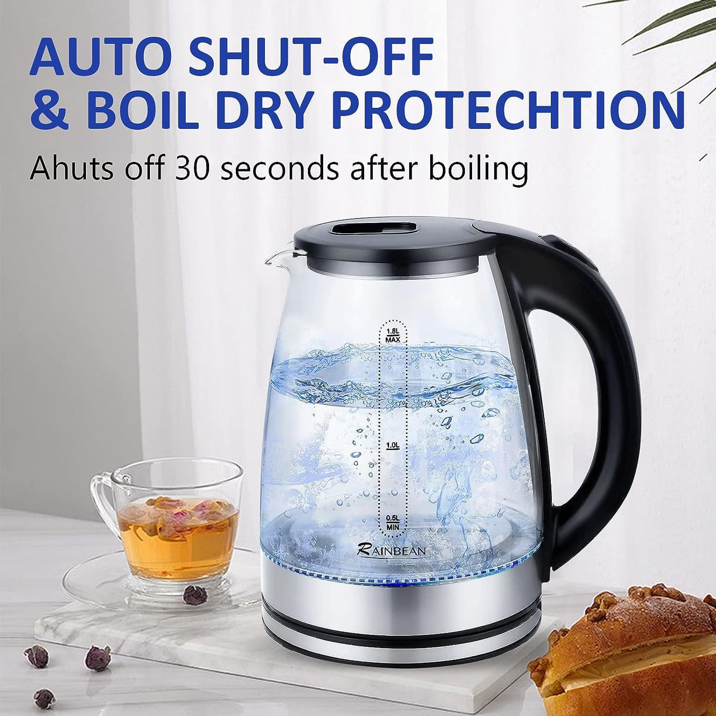 Electric Kettle Water Boiler, 1.8L Electric Tea Kettle, Wide Opening Hot Water Boiler With LED Light