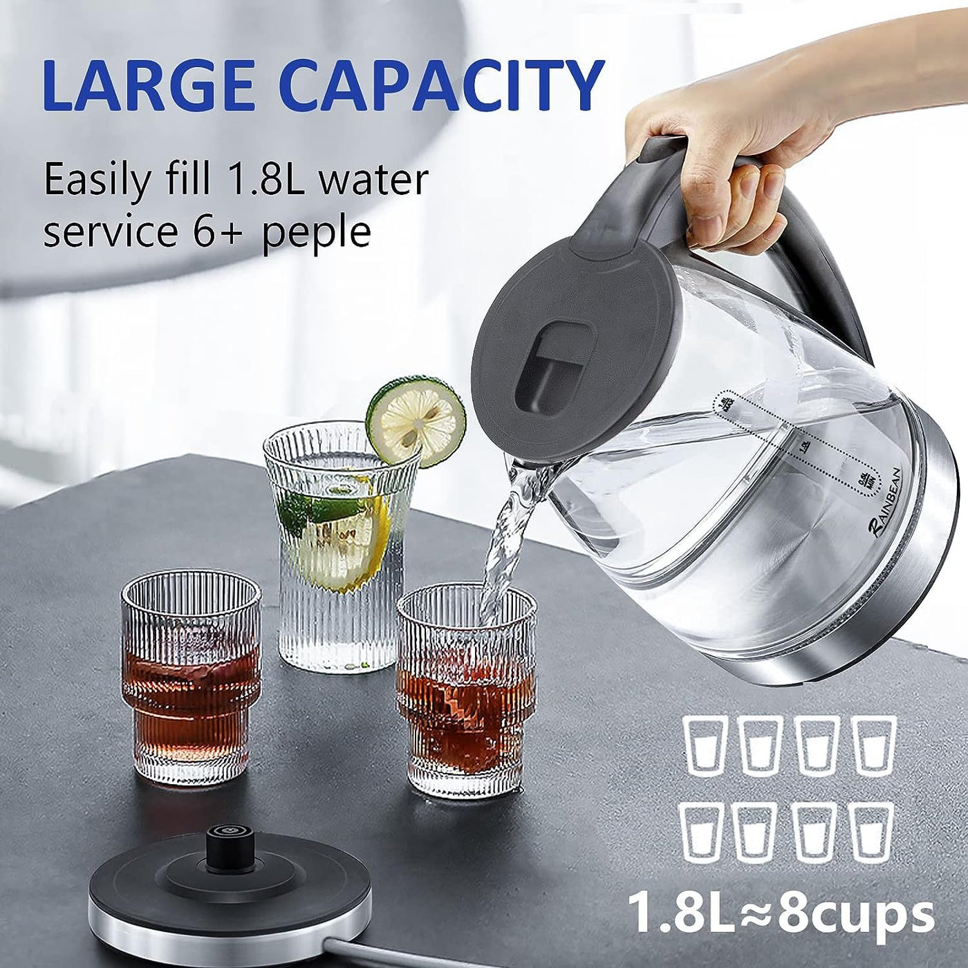 Electric Kettle Water Boiler, 1.8L Electric Tea Kettle, Wide Opening Hot Water Boiler With LED Light
